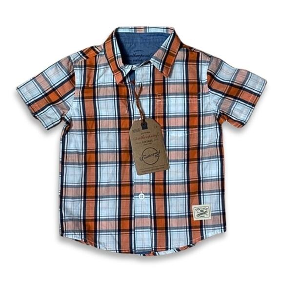 Weatherproof Vintage Button Up Polo Shirt Short Sleeves Plaid Orange Kids 2T NWT - Picture 1 of 8